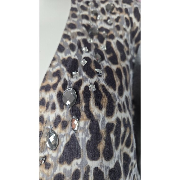 Chico's Leopard Gray Rhinestone Cotton Long Cardigan Sweater Size Medium 8-10 - Picture 5 of 12